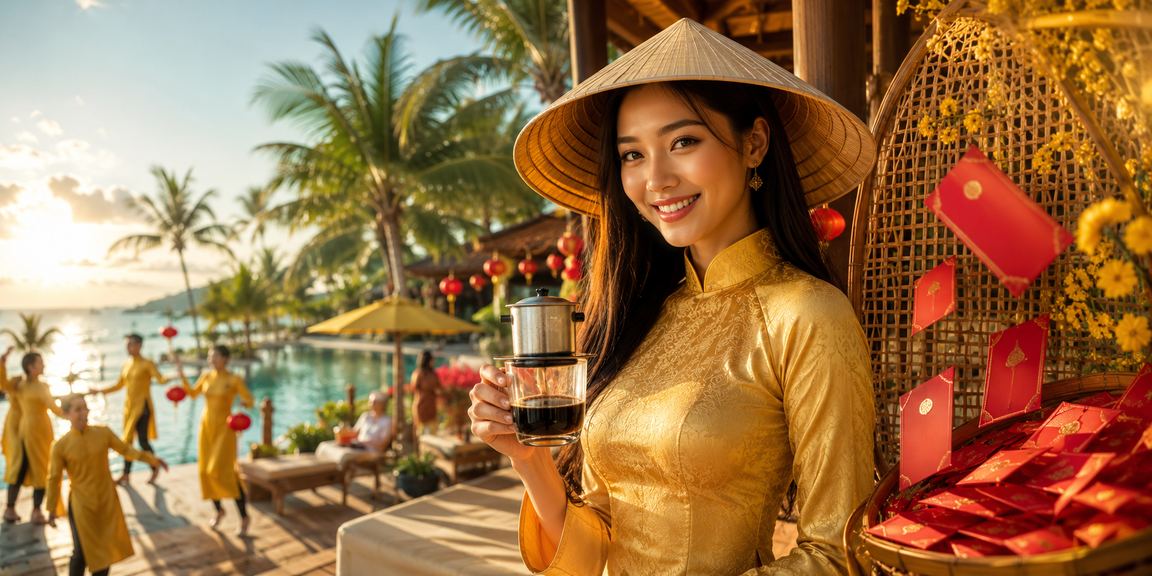 Người chơi tại Phú Quốc mặc áo dài nhận phong bì thưởng và kiểm tra bảo mật tài khoản